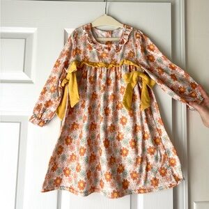 Boutique store Girls' Floral Long-Sleeve Dress with Mustard Bow Accents